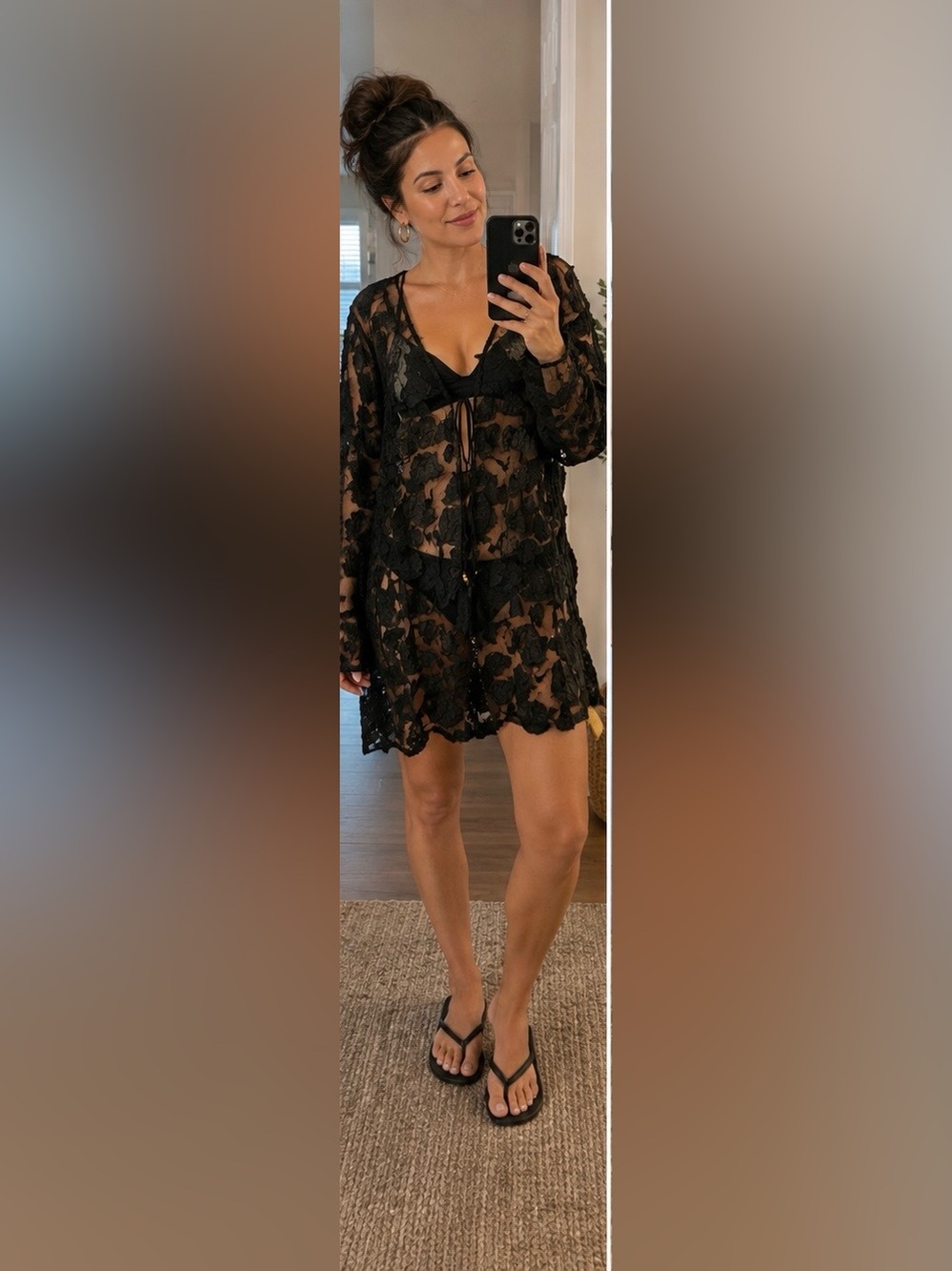 Black Floral Appliqué Long-Sleeve bathing suite cover up